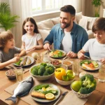 DALL·E 2024 04 19 10.04.54 A family enjoying a healthy dinner rich in immune boosting ingredients such as fish broccoli and whole grains at a dining table