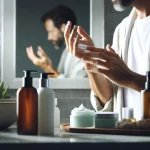 DALL·E 2024 04 19 10.24.34 Realistic image of a person practicing daily skincare applying natural moisturizer in a well lit bathroom mirror. The scene reflects a healthy skin c