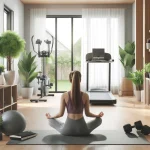 DALL·E 2024 04 19 10.46.33 A modern home gym with a person practicing yoga on a mat surrounded by exercise equipment and indoor plants. The room is bright and inviting emphasi