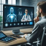 DALL·E 2024 04 19 12.51.31 A highly realistic depiction of a modern telemedicine consultation. The scene shows a patient speaking with a healthcare professional through a high t