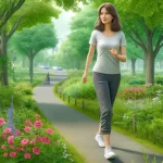 DALL·E 2024 04 19 13.12.40 A realistic image of a middle aged woman taking a leisurely walk in a lush park illustrating physical activity as a method to manage menopausal sympt 1