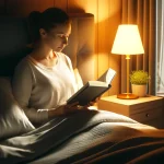 DALL·E 2024 04 19 13.21.42 A realistic image of a person reading a book in bed under a warm light before sleeping. The setting includes a comfortable bed with plush pillows and