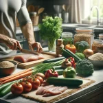 DALL·E 2024 05 16 17.58.37 A realistic image of a person preparing a healthy meal in a kitchen with fresh vegetables lean proteins and whole grains laid out on the countertop